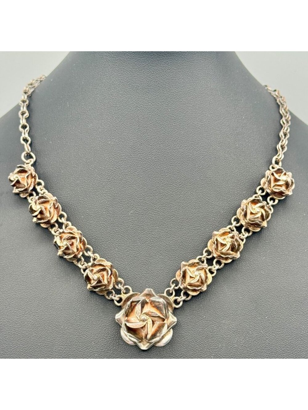 Vintage Taxco Sterling Silver Floral Rose Necklace 17" Sculptural Statement 50g